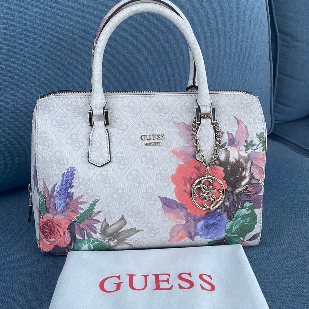 Guess White and Red Satchel with Floral Design